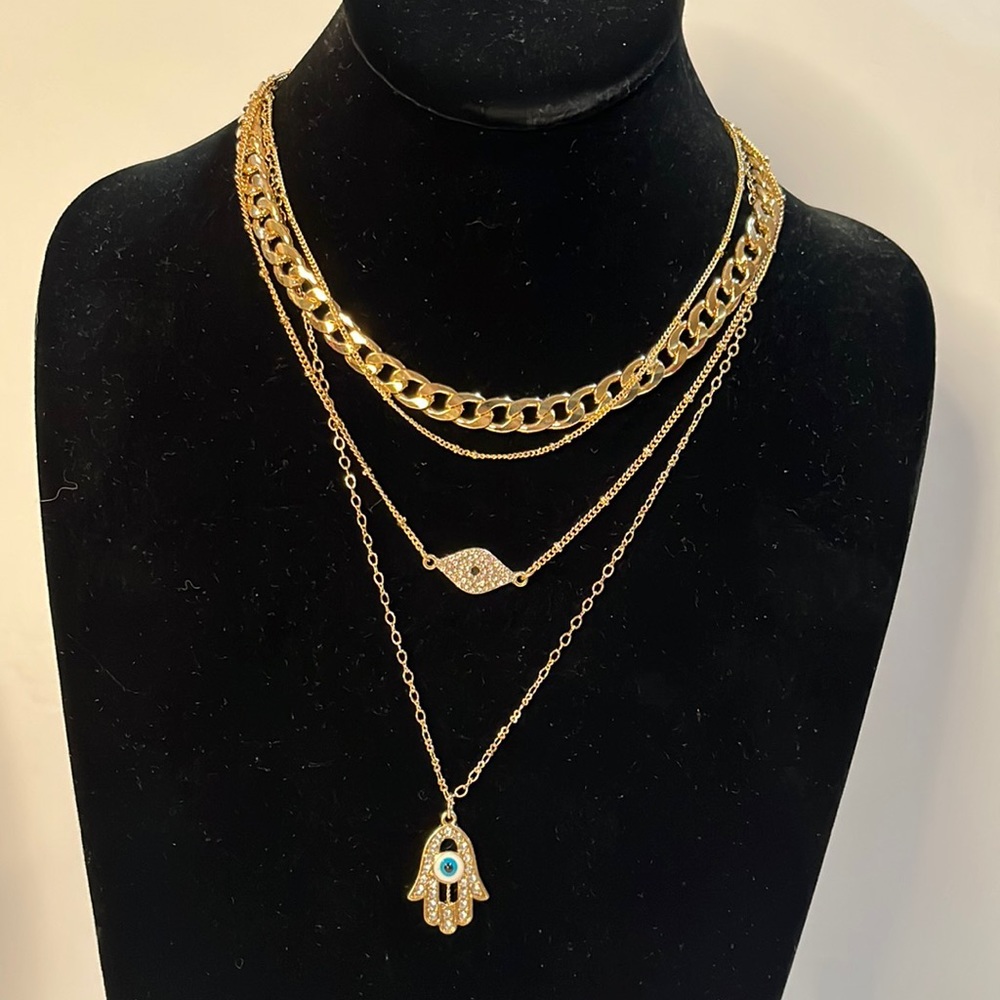 Layered Hamsa Hand & Evil Eye necklace